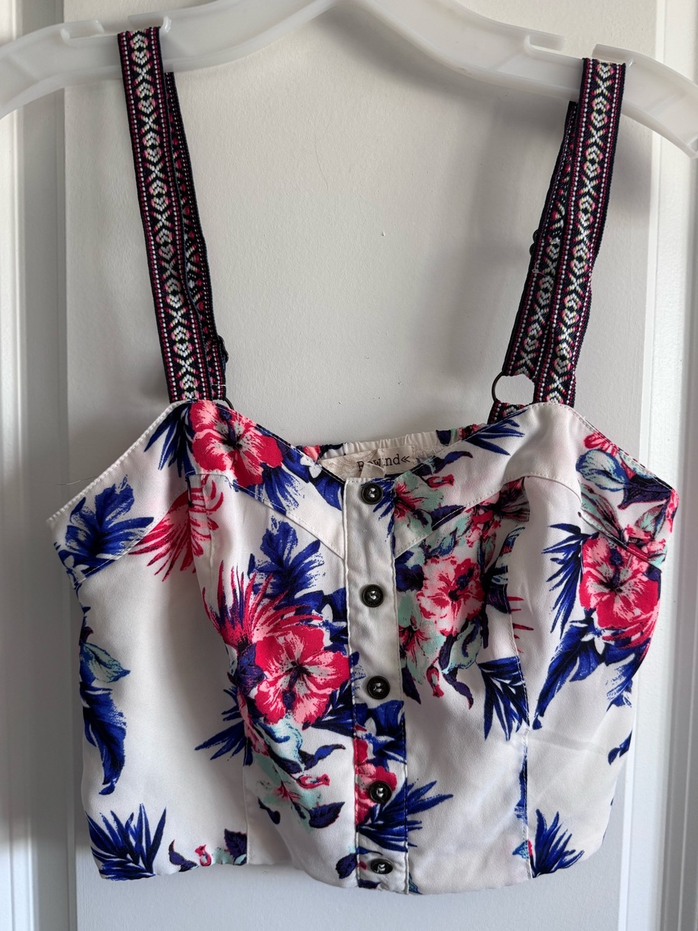 Rewind White Floral Button-Front Crop Top with Pink and Blue Print